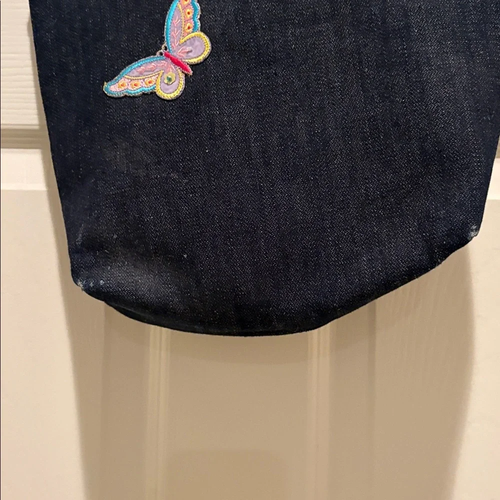 Vintage Dark Denim Tote Bag with Butterfly Accent